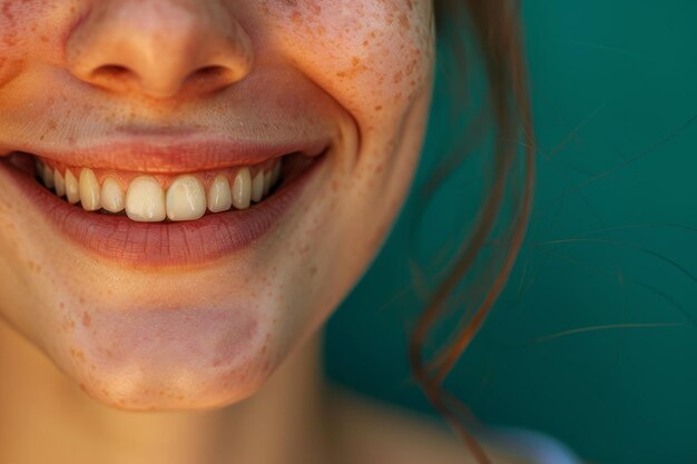 Une femme avec un sourire sur le visage et quelques dents en vue