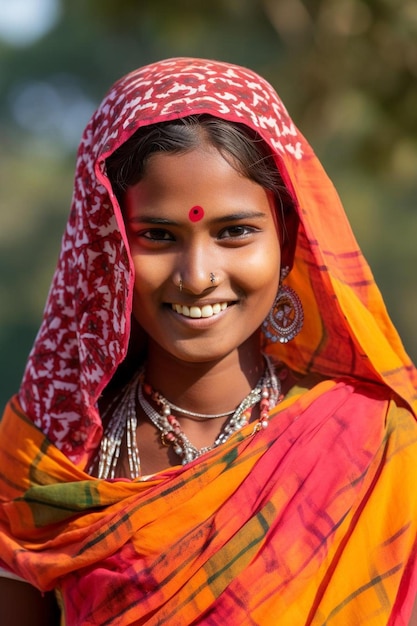 Photo une femme avec un sourire sur le visage et un sari rouge