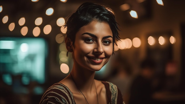 Une femme sourit à la caméra dans un bar