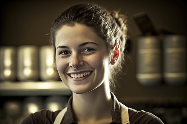 Une femme sourit à la caméra dans un café.
