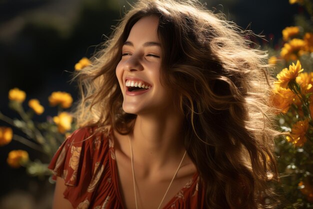 une femme sourit dans un champ de fleurs