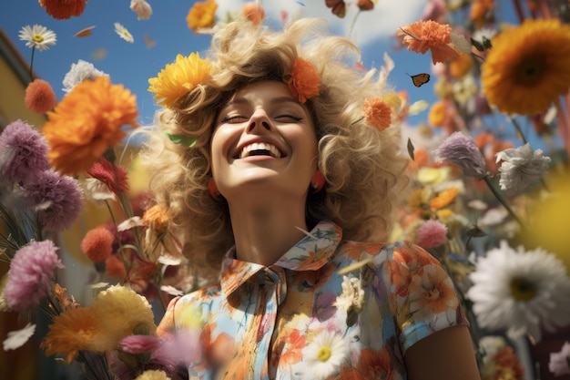 une femme sourit dans un champ de fleurs