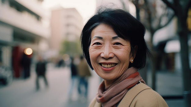 Une femme sourit dans une rue animée avec des gens en arrière-plan.