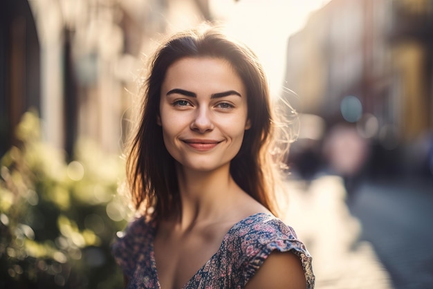 Une femme sourit dans une rue avec le soleil qui brille sur son visage.