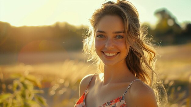 une femme sourit devant un fond de coucher de soleil