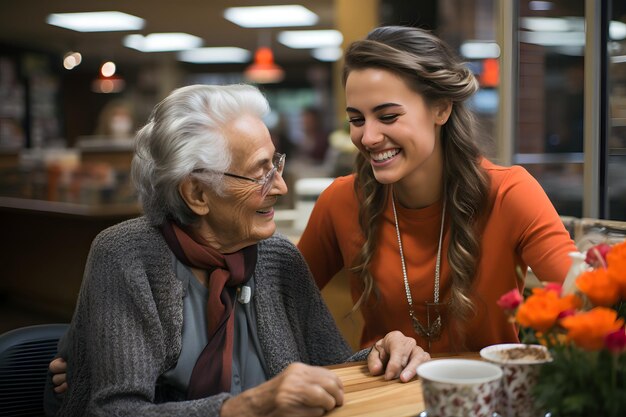 Une femme sourit avec une jeune femme à une table avec des tasses à café et une femme souriante.