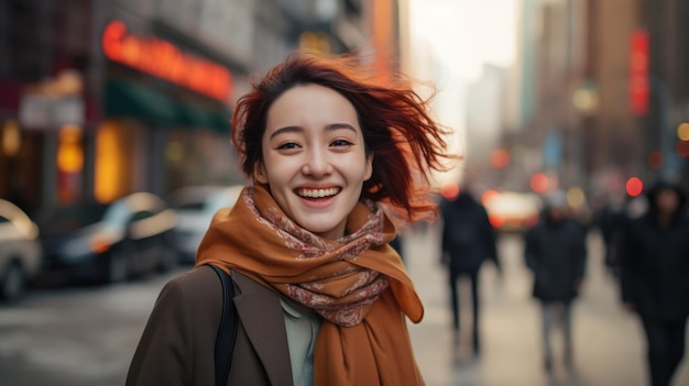 une femme sourit en marchant dans la rue