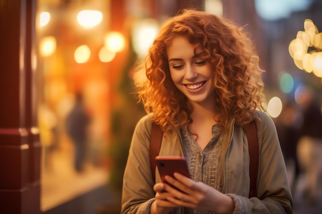 Une femme sourit en regardant son téléphone