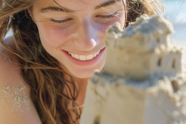 Une femme sourit et regarde un château de sable.