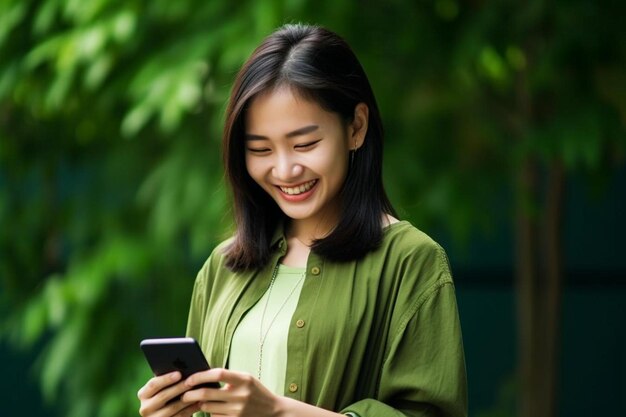 une femme sourit et regarde son téléphone