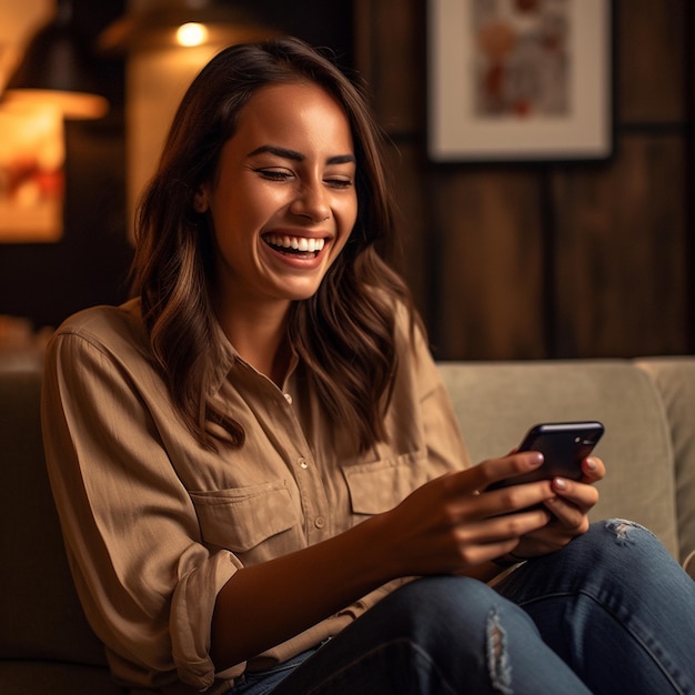 une femme sourit et regarde son téléphone