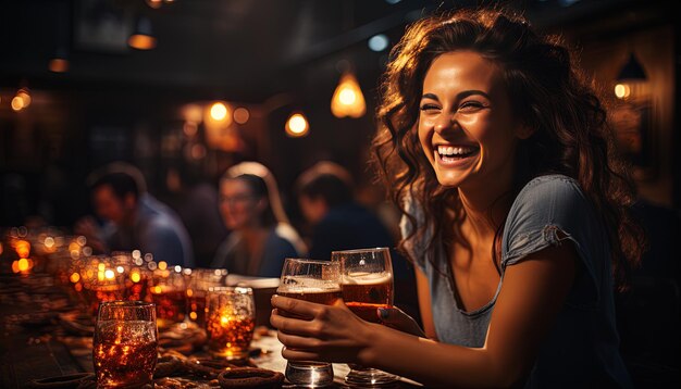 Photo une femme sourit à une table avec un verre de bière devant elle