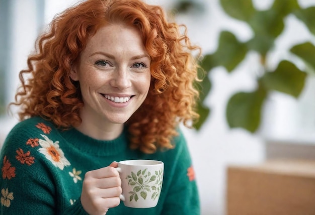 une femme sourit en tenant une tasse de café