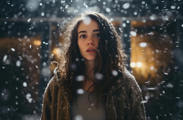 Femme sous une chute de neige au moment de Noël