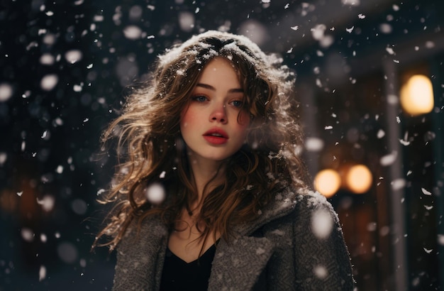 Femme sous une chute de neige au moment de Noël