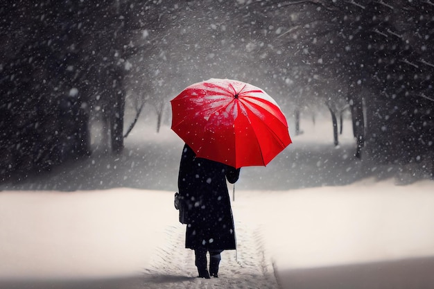 Femme sous un parapluie rouge dans la neige Generative Ai