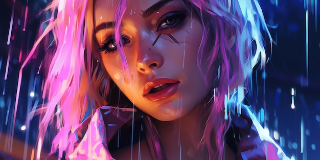 Femme sous la pluie dans le style de couleur néon Belle image d'illustration Generative AI