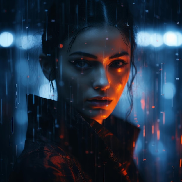 une femme sous la pluie avec des lumières rouges sur son visage