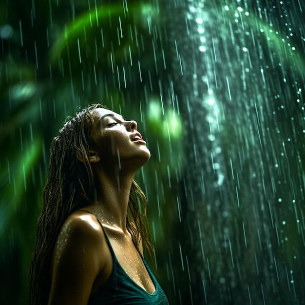 Photo une femme sous la pluie avec un palmier vert en arrière-plan