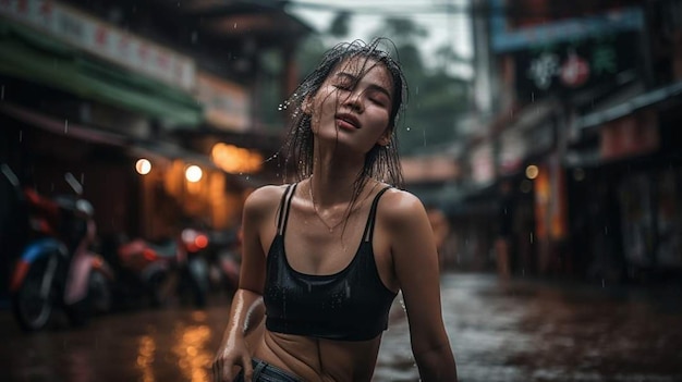 Une femme sous la pluie se tient sous la pluie