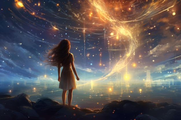 Une femme Starlight regarde la vue Belle illustration photo IA générative