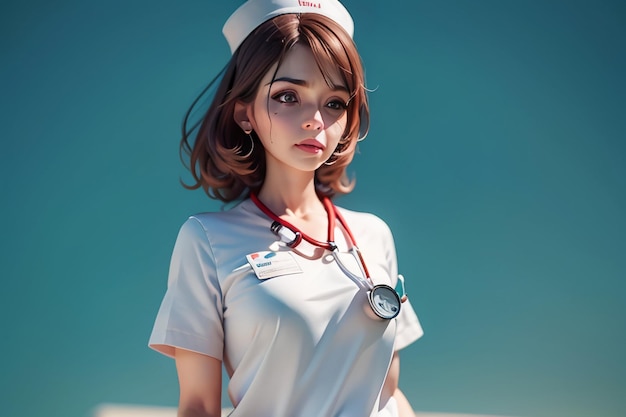 Une femme avec un stéthoscope autour du cou se tient devant une piscine bleue.