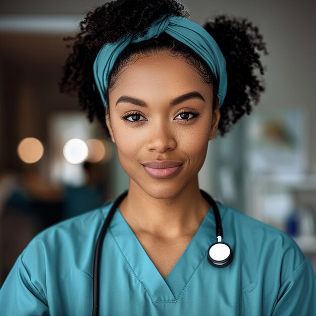 une femme avec un stéthoscope sur le cou