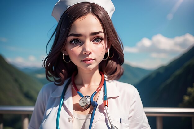 Une femme avec un stéthoscope sur la tête se tient devant une montagne.