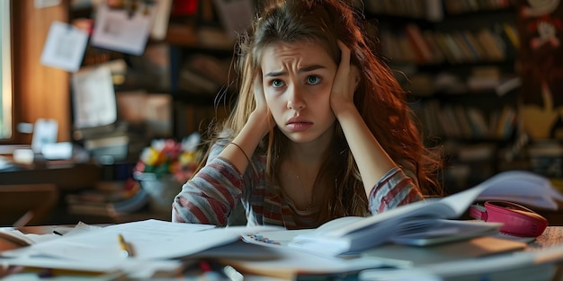 Une femme stressée alors qu'elle travaille sur des papiers peut-être pour le travail ou étudie pour un examen Concept Environnement de travail stressant Femme accablée Préparation à l'examen Bureau Session d'étude de stress