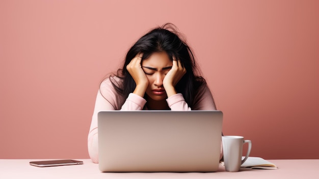 Une femme stressée assise à un bureau tenant sa tête dans ses mains contre un fond rose