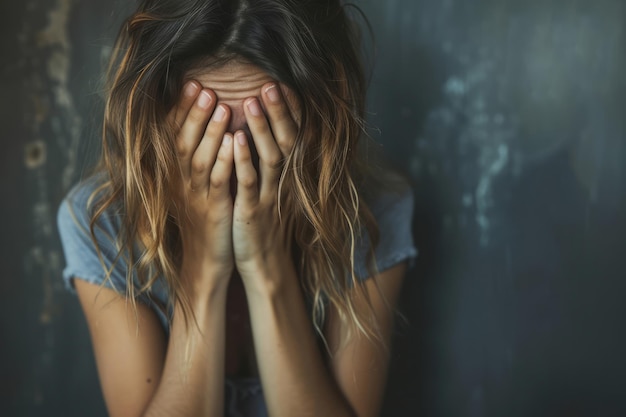 Une femme stressée et déprimée couvrant son visage avec ses mains Concept dramatique IA générative