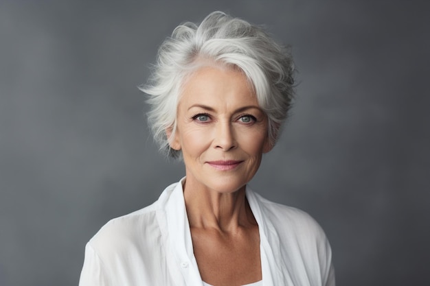 Femme de studio vieille beauté portrait gris cheveux matures visage plus âgé femme adulte sourire heureuse dame caucasienne vieillesse arrière-plan personne blanche âgée attrayante