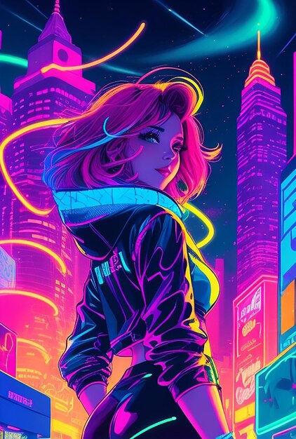 Une femme de style dessin animé éclairée par un