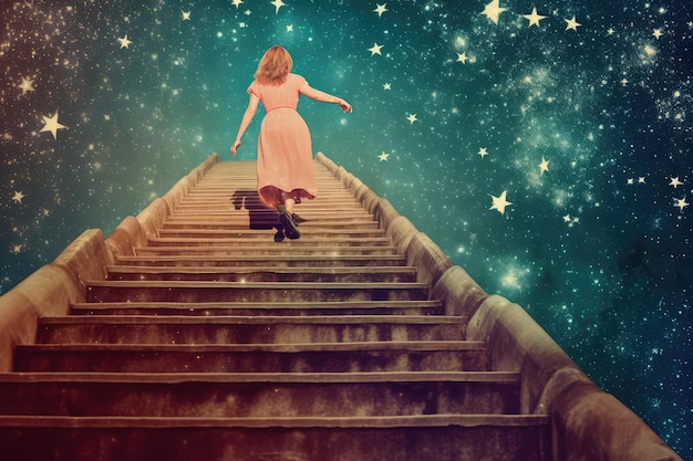Une femme de style rétro monte les escaliers vers les étoiles générées par l'IA
