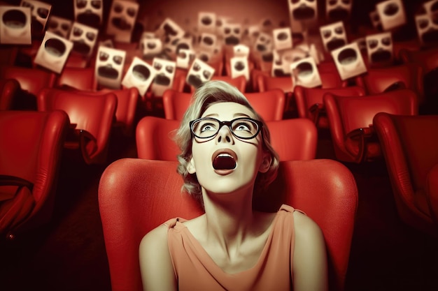 Femme de style rétro regardant un film dans un cinéma avec des chaises rouges