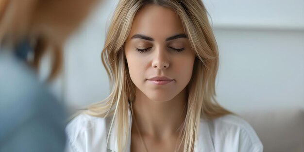 Femme subissant une thérapie EMDR pour un traumatisme passé recevant un traitement de guérison pour le stress Concept Thérapie EMDR Trauma passé Guérison Traitement Soulagement du stress Bien-être émotionnel