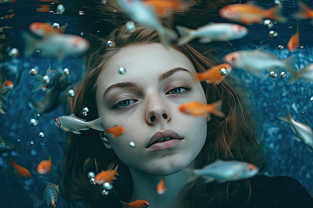 Une femme submergée dans l'eau avec un poisson rouge.