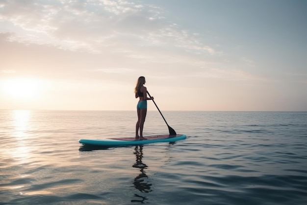 Femme sup board lever du soleil Summer outdoor Generate Ai