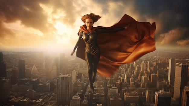 Femme de super-héros avec cape rouge survoler la ville avec un geste de super-héros