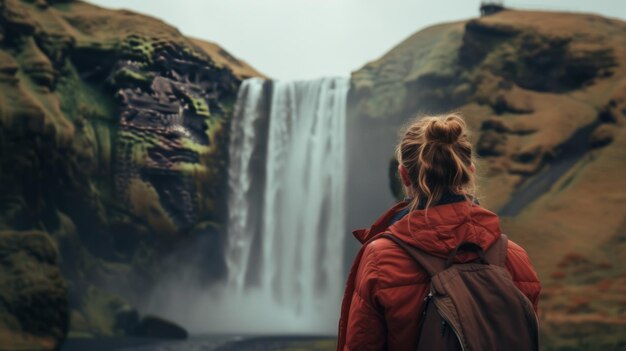 Une femme surplombant la cascade de Skogafoss en Islande