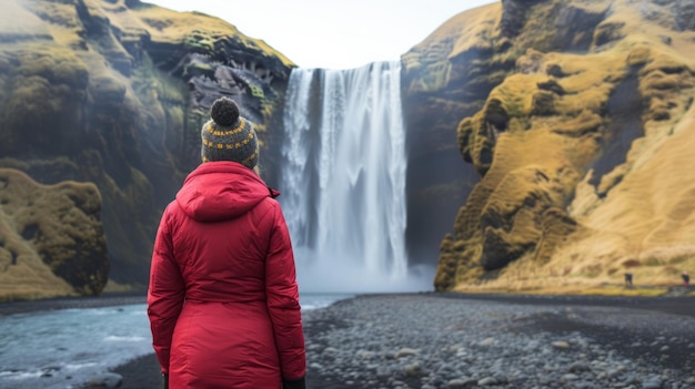 Une femme surplombant la cascade de Skogafoss en Islande
