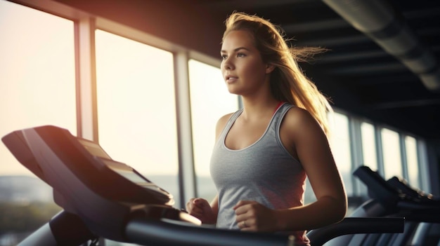 Femme en surpoids dans la salle de sport travaillant sur la perte de poids faisant de l'exercice fitness et cardio