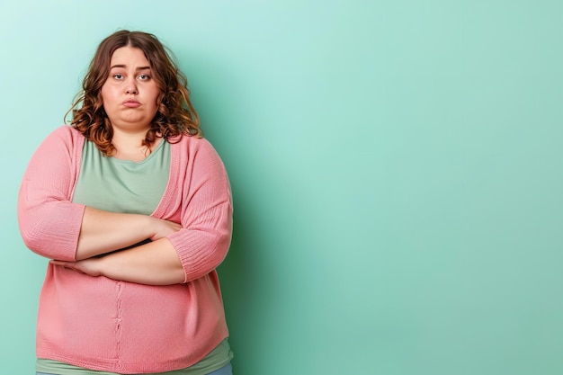 Photo une femme en surpoids en détresse sur un fond coloré ia générative