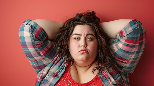 Photo une femme en surpoids en détresse sur un fond coloré ia générative