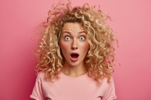 Une femme surprise aux cheveux blonds et bouclés remarque quelque chose d'impressionnant.