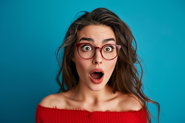 Photo femme surprise avec des lunettes et un pull rouge sur fond bleu