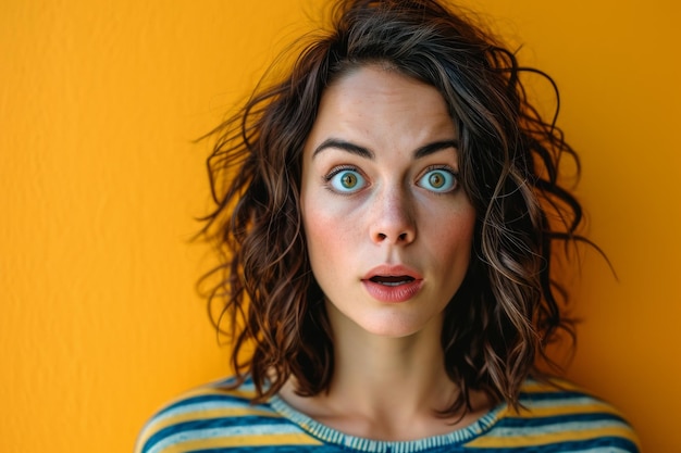 Une femme surprise regardant la caméra sur un fond orange