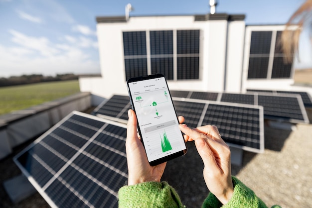 Une femme surveille la production d'énergie de la centrale solaire avec une tablette numérique