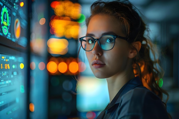 Une femme surveille des serveurs avec une technologie avancée dans la salle de contrôle d'une entreprise de cybersécurité Concept Cybersecurity Tech Room de contrôle Advanced Monitoring Server Management Technologie d'entreprise