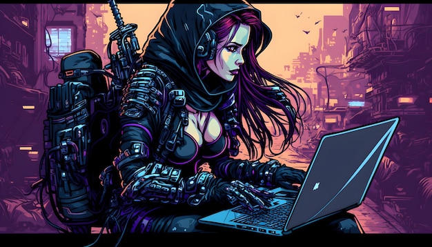 Une femme avec un sweat à capuche et un ordinateur portable en arrière-plan.